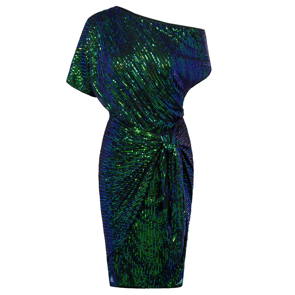 Cocktail Dresses for Women Sequined Party Dress Summer Ruched Short Sleeve Asymmetric off Shoulder Bodycon Dress Vestidos
