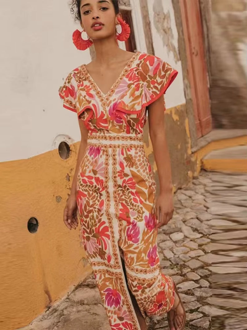 Backless Print Dress Women Split Sexy Butterfly Sleeve V Neck Female Long Dresses 2025 Summer Vintage Ruffles Ladies Beach Robe