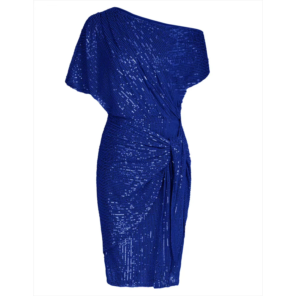 Cocktail Dresses for Women Sequined Party Dress Summer Ruched Short Sleeve Asymmetric off Shoulder Bodycon Dress Vestidos